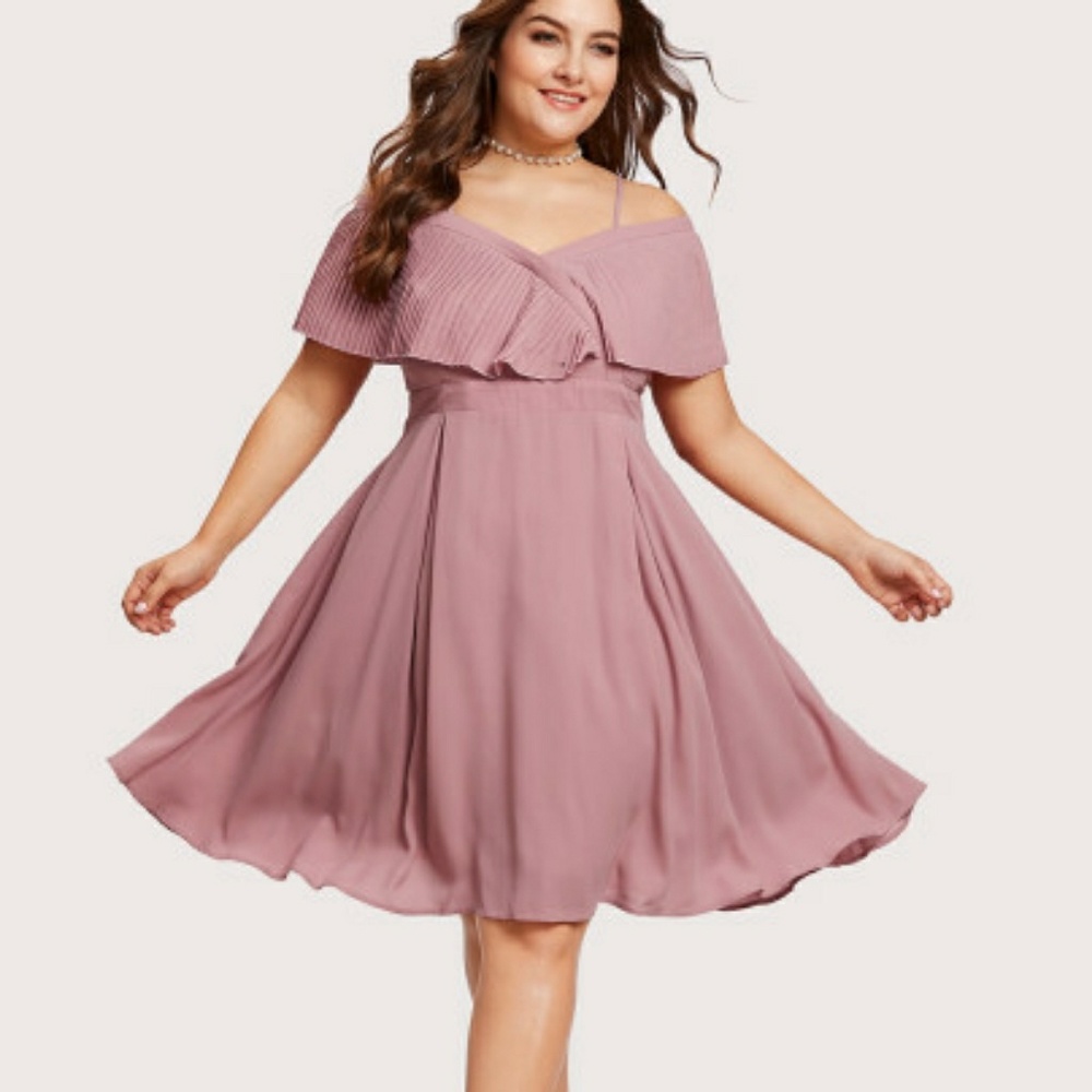 SHEIN  Pleated Flounce Trim Overlap Bardot Dress
